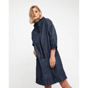 Alembika Ozai N Ku Avant Garde Denim Dress Funnel Collar Mod Style Pockets L